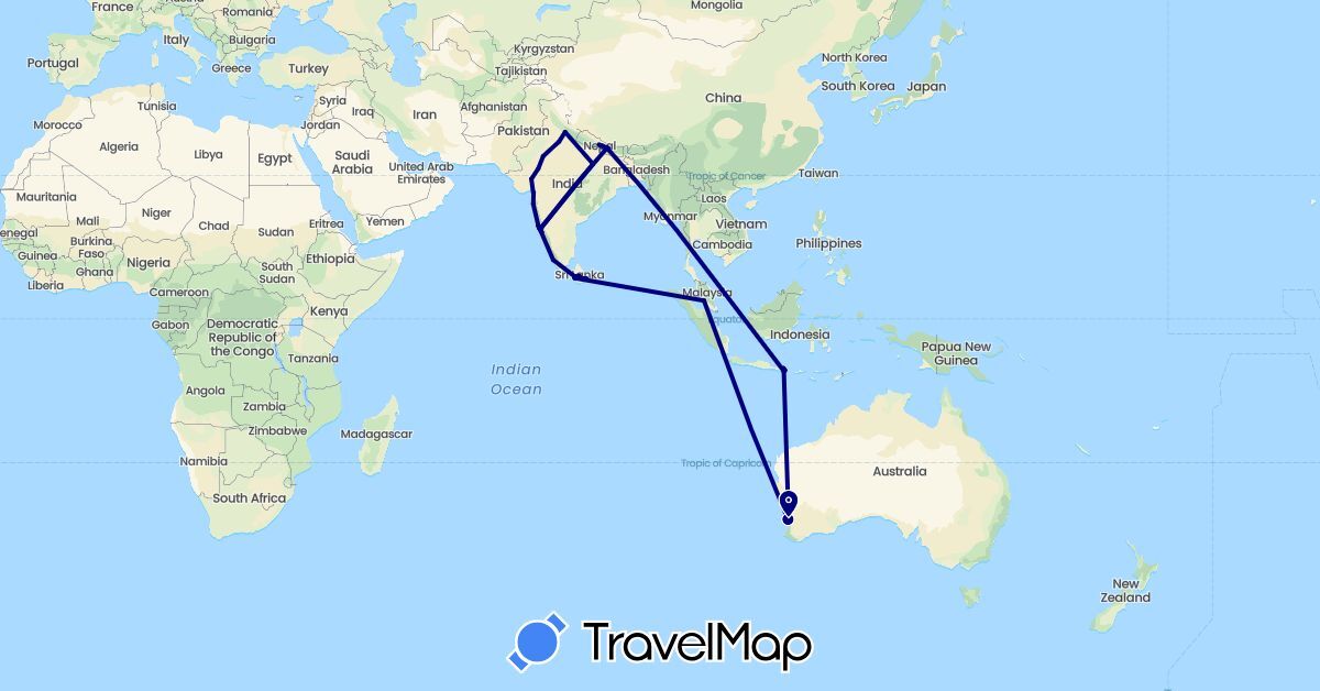 TravelMap itinerary: driving in Australia, Indonesia, India, Sri Lanka, Malaysia, Nepal (Asia, Oceania)
